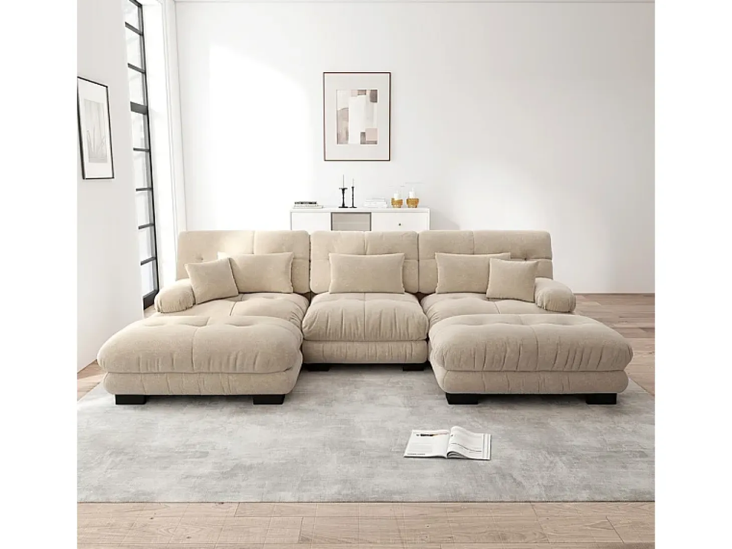 Gran sofá esquina modular - 3 plazas - con 2 pouf y 5 cojines - tejido felpa beige - 313x145x81cm