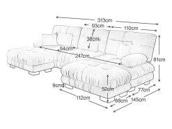 Gran sofá esquina modular - 3 plazas - con 2 pouf y 5 cojines - tejido felpa beige - 313x145x81cm