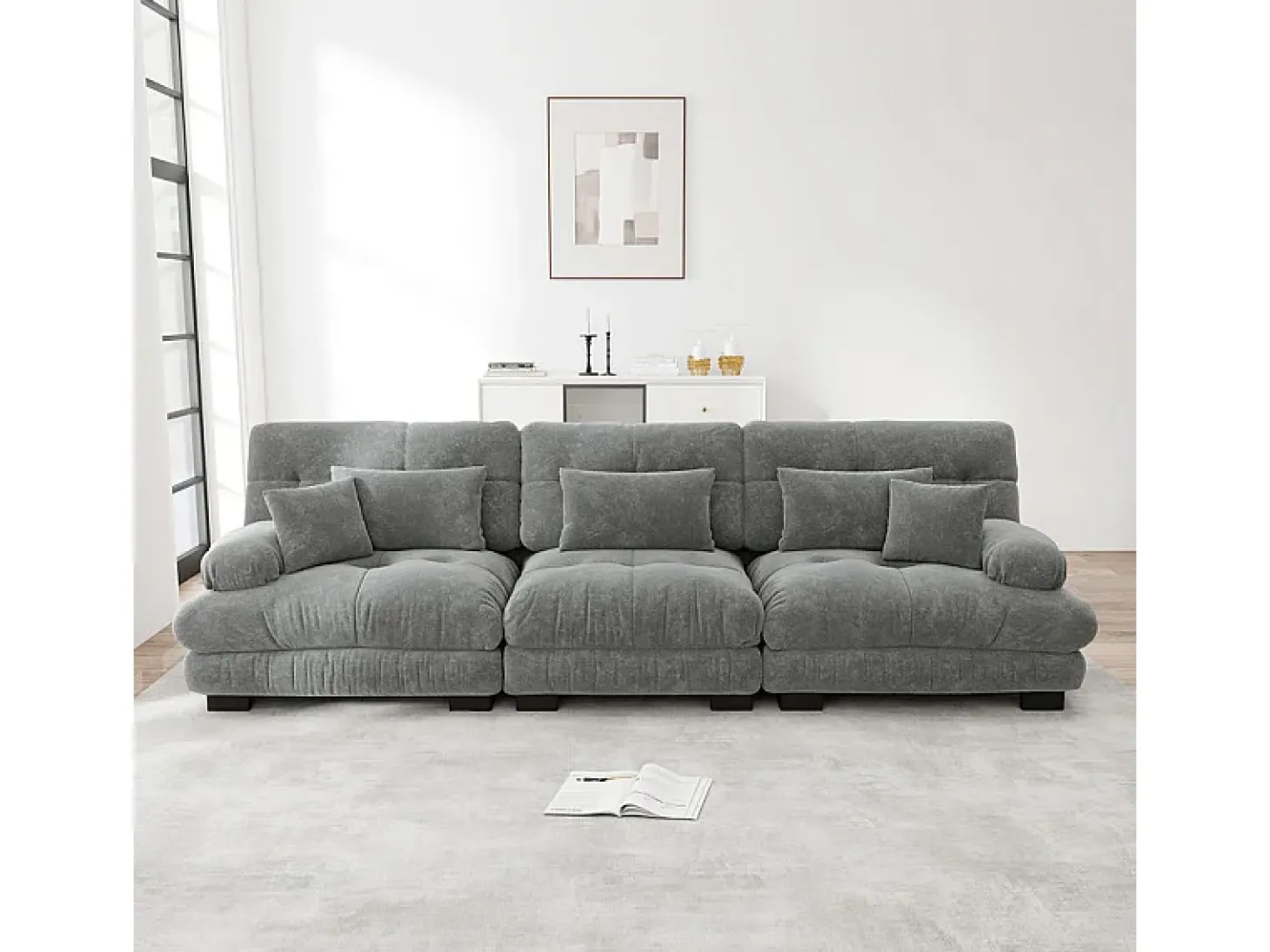 Gran sofá gris - 3 plazas - con 5 cojines - estructura madera maciza - Felpa - 313x77x81cm
