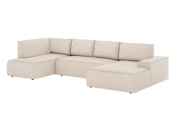 Gran sofá rinconera derecha panorámico en tela texturizada beige AMELIA