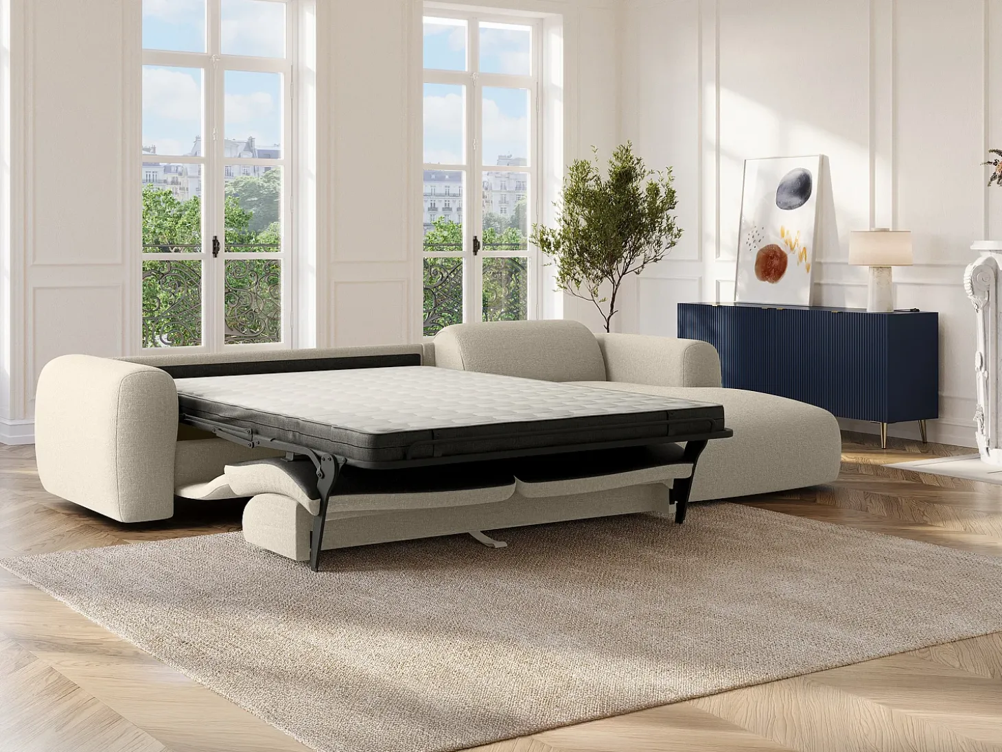 Gran Sofá rinconera derecho convertible exprés 140 cm en tejido color beige jaspeado POGNI