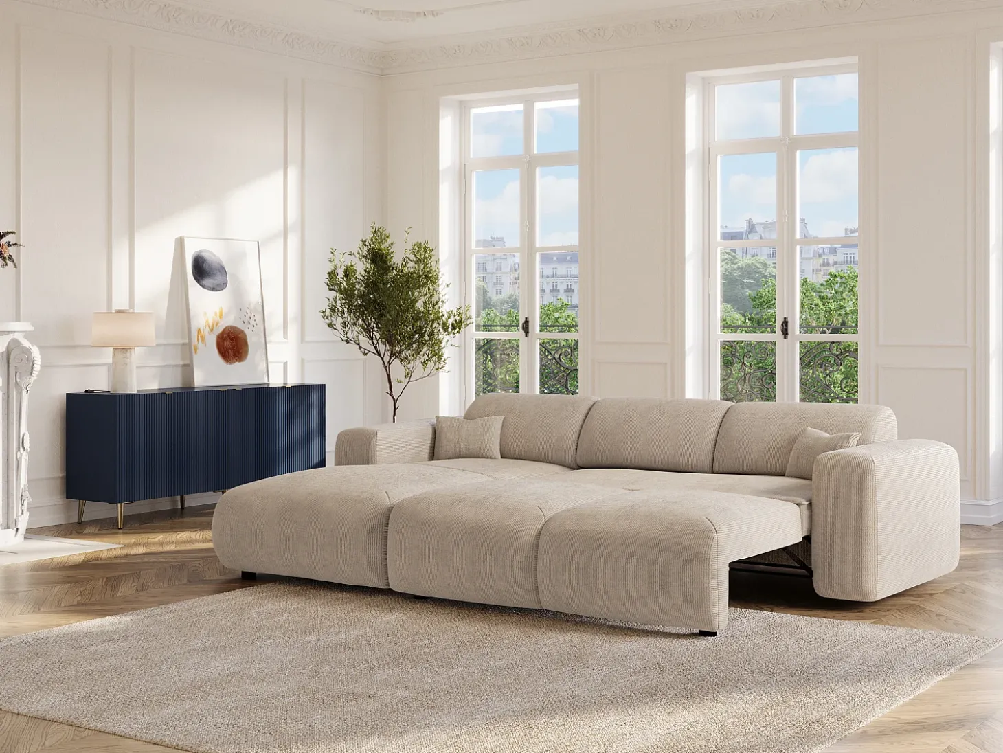 Gran sofá rinconera izquierda convertible de pana beige POGNI de Maison Céphy