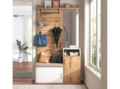 Guardarropa blanco y madera con espejo, 2 puertas, banco y 4 colgadores 105x40x190,5cm