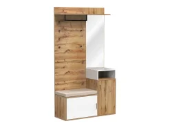 Guardarropa blanco y madera con espejo, 2 puertas, banco y 4 colgadores 105x40x190,5cm