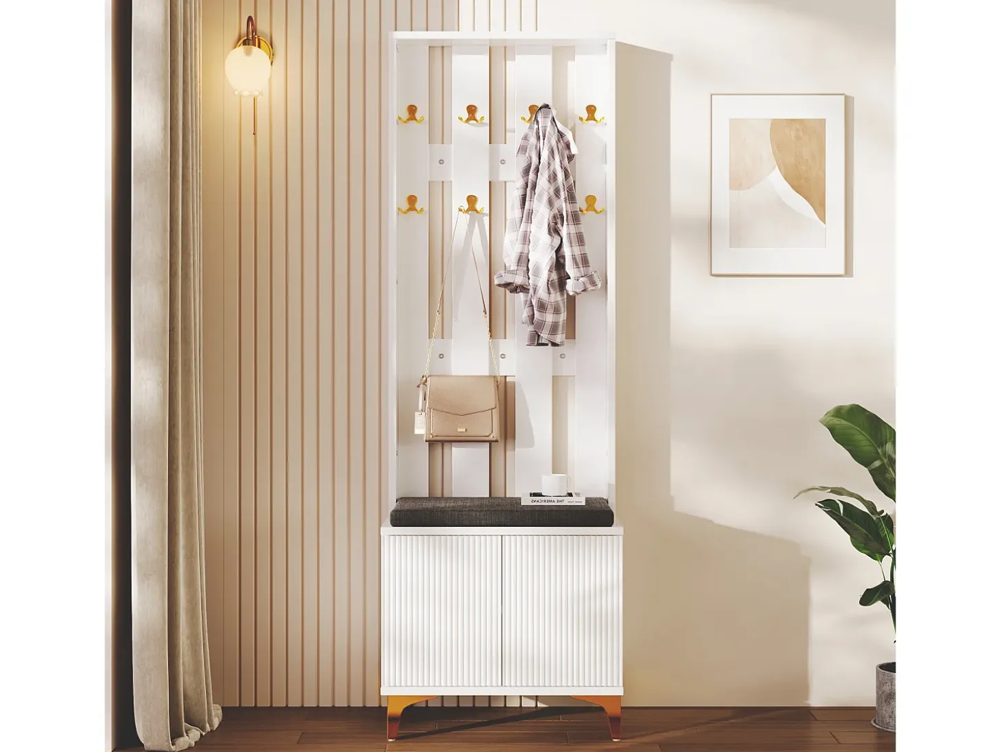Guardarropa con perchero y banco zapatero - 60,5x35,2x180,5 cm - Tablero de partículas - Blanco