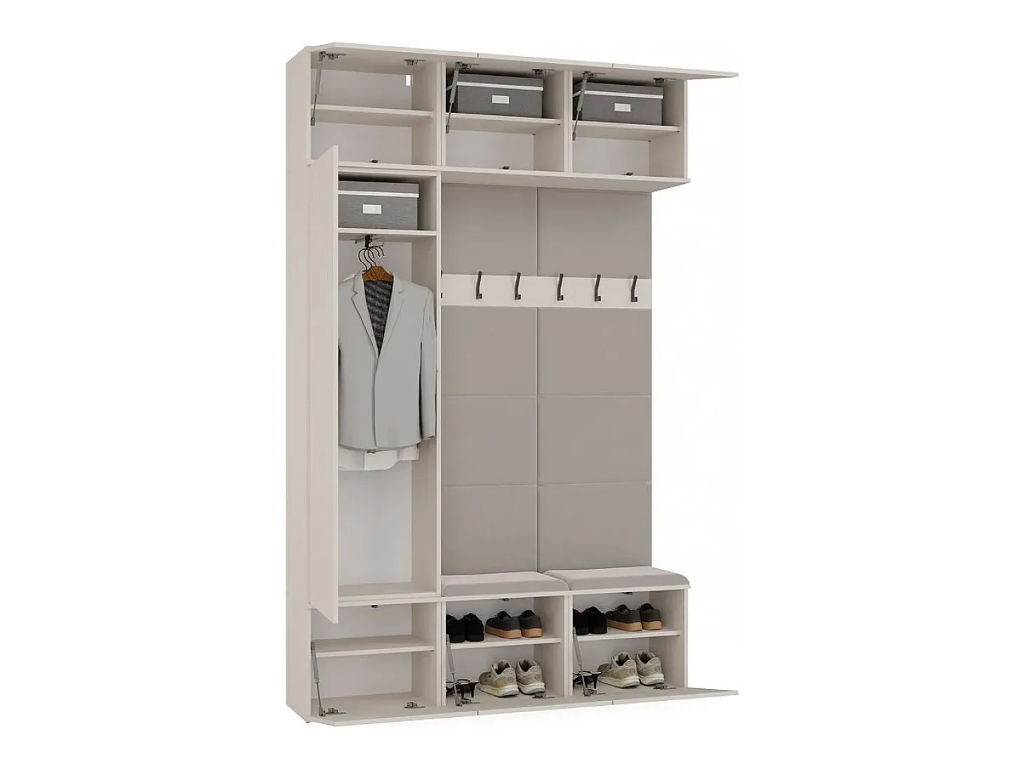 HAGA - Conjunto de entrada con 1 armario + 2 percheros de 6 ganchos + banco 150x35x238 cm - beige cachemira
