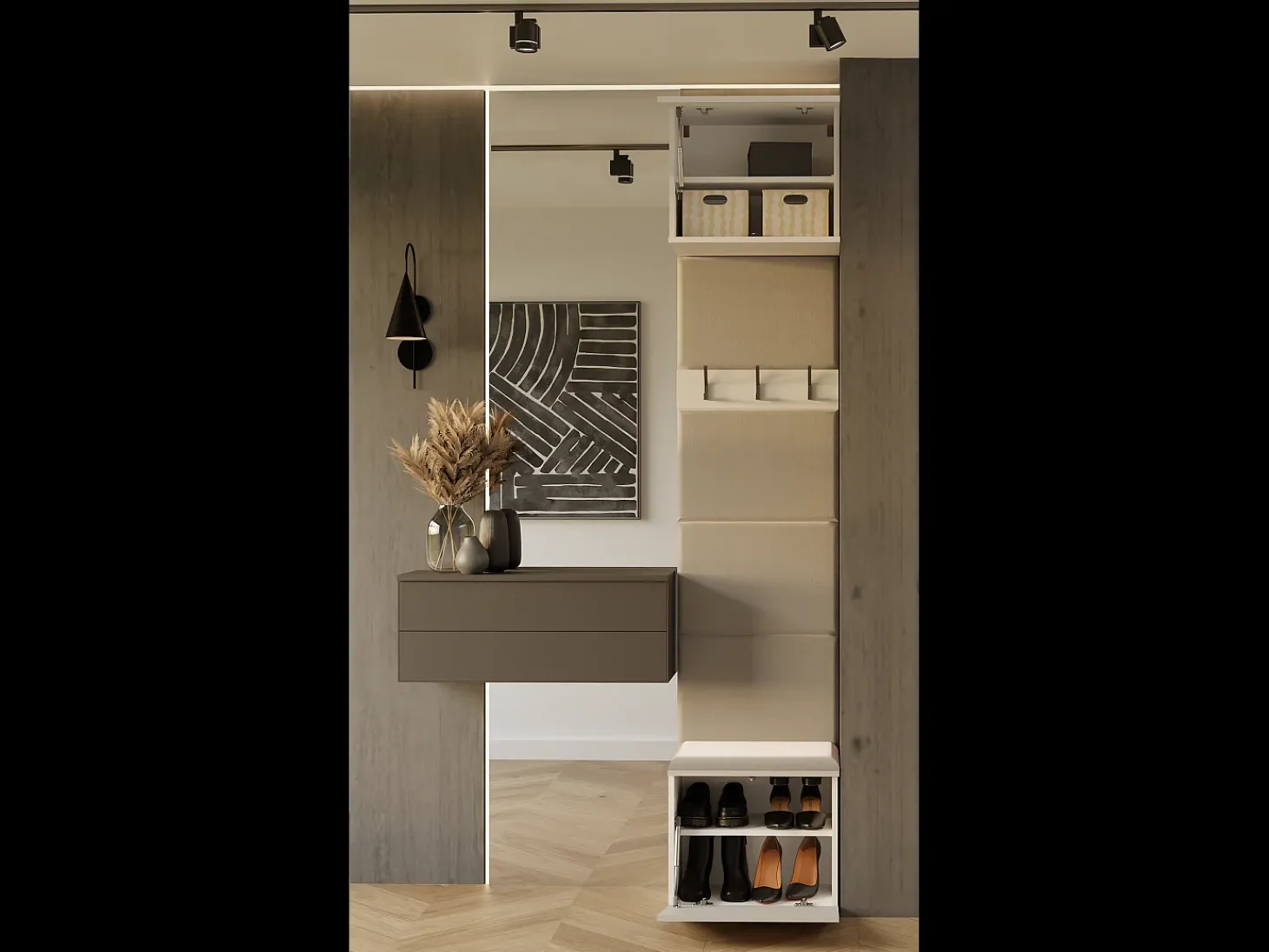 HAGA - Perchero con 3 ganchos - Guardarropa de entrada con asiento 238 x 50 x 35 cm - Beige cachemira