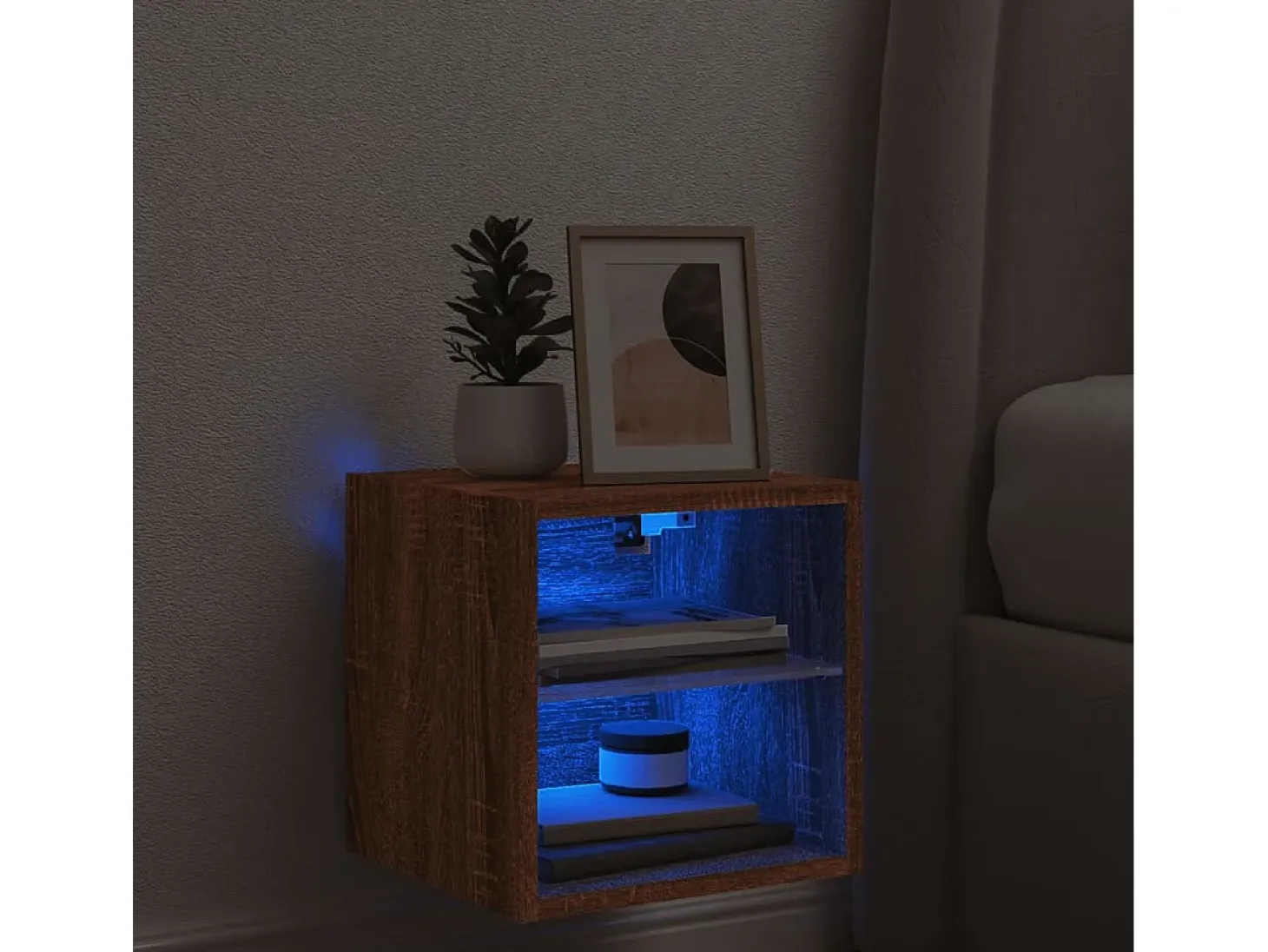 Hans Mueble de TV de pared con luces LED roble marrón 30x28,5x30 cm