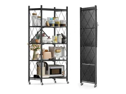 HomeMiYN Juego de 2 Estanterías Plegables de Almacenamiento, 4 a 5 Niveles - Estanterías Multifuncionales con Ruedas, 71x34x159 cm, Negro