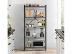 HomeMiYN Juego de 2 Estanterías Plegables de Almacenamiento, 4 a 5 Niveles - Estanterías Multifuncionales con Ruedas, 71x34x159 cm, Negro