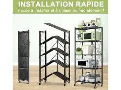 HomeMiYN Juego de 2 Estanterías Plegables de Almacenamiento, 4 a 5 Niveles - Estanterías Multifuncionales con Ruedas, 71x34x159 cm, Negro