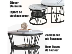 Juego de 2 mesas de centro redondas de mármol - Mesa auxiliar moderna de chapa - Mesa de centro para sala de estar, sala de recepción, balcón y oficina - Negro