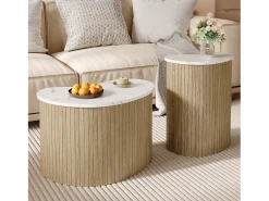 Juego de 2 mesas de centro efecto mármol y madera - mesa de salón multifuncional - MDF - natural + blanco