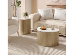 Juego de 2 mesas de centro efecto mármol y madera - mesa de salón multifuncional - MDF - natural + blanco