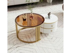Juego de 2 mesas de centro redondas 2 en 1, mesa auxiliar de MDF - tapa de cristal templado marrón - 2 cajones - 70x70x45 + 50x50x40 cm