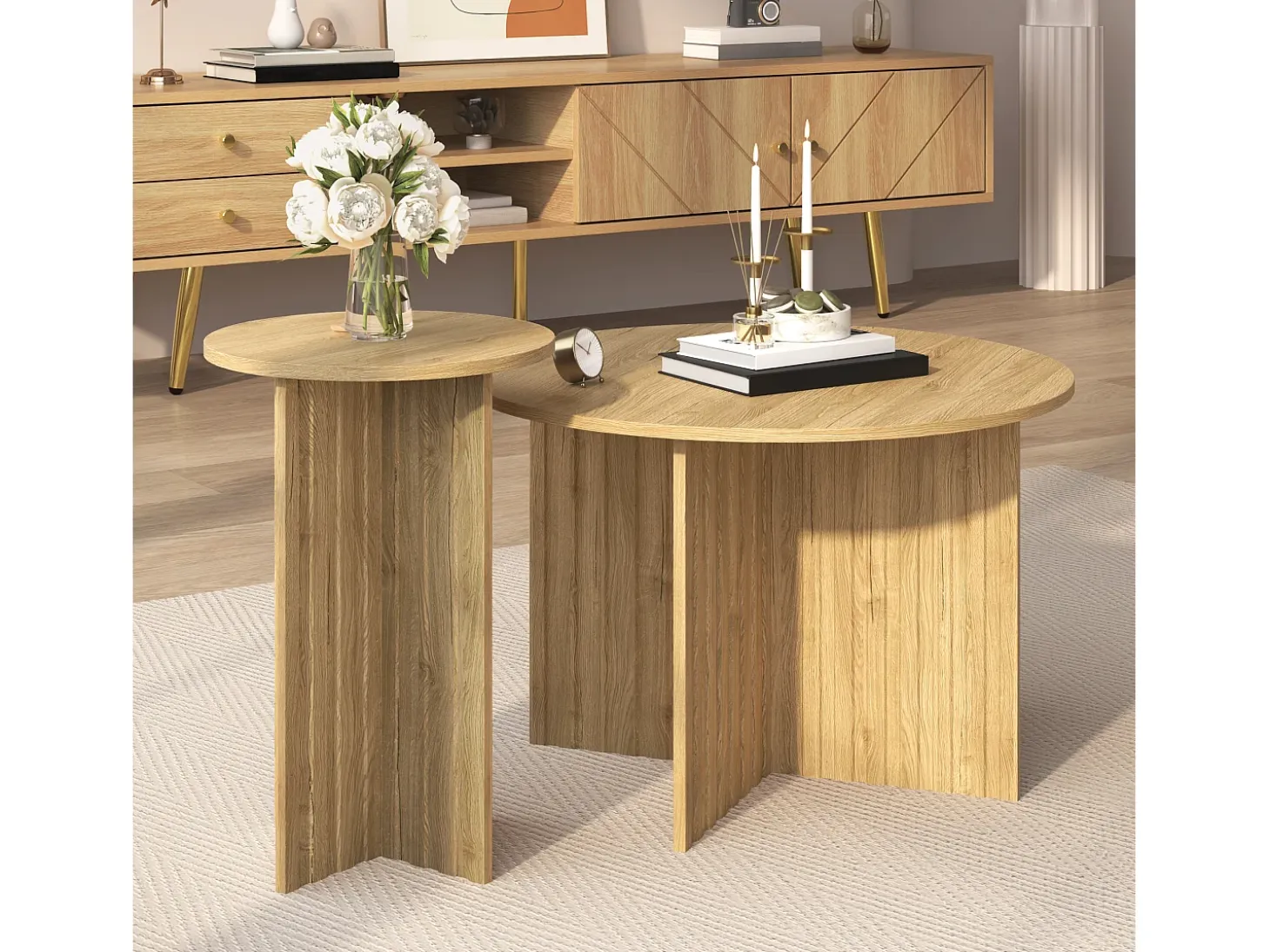 Juego de 2 mesas de centro moderna con tablero de madera con vetas redondas – para salones y oficinas