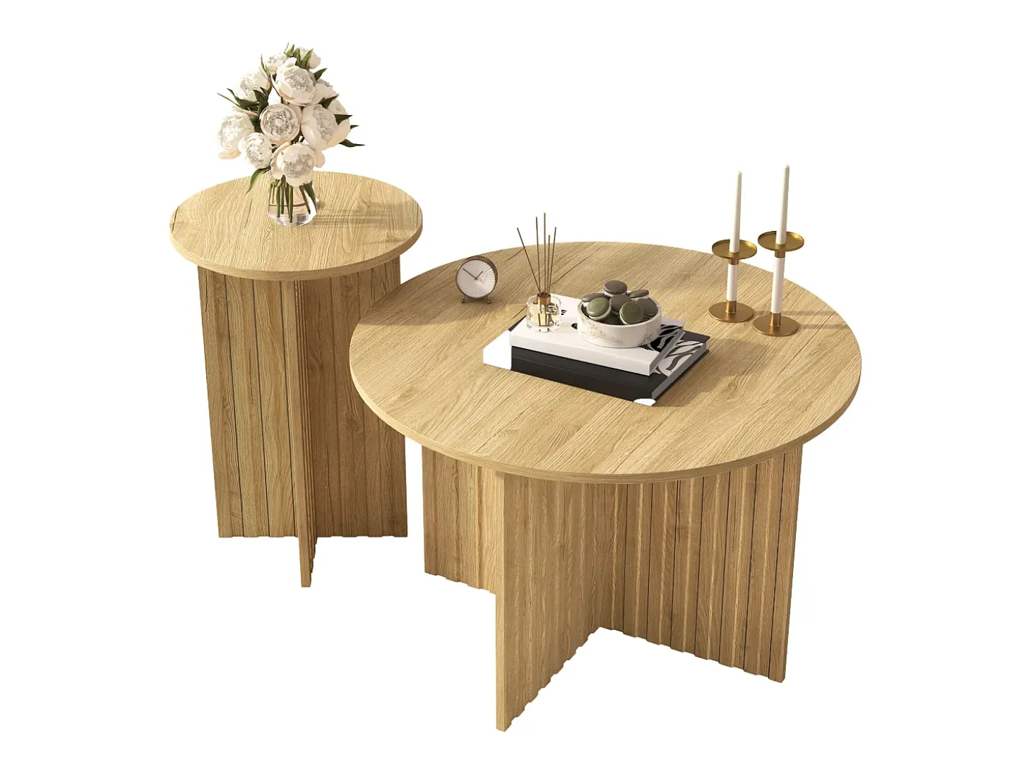 Juego de 2 mesas de centro moderna con tablero de madera con vetas redondas – para salones y oficinas