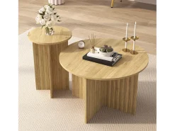 Juego de 2 mesas de centro moderna con tablero de madera con vetas redondas – para salones y oficinas