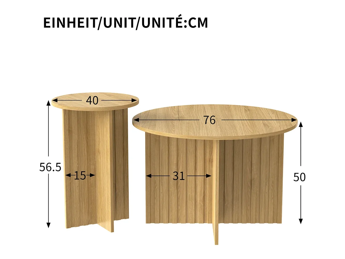 Juego de 2 mesas de centro moderna con tablero de madera con vetas redondas – para salones y oficinas