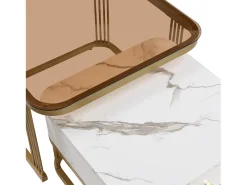 Juego de 2 mesas de centro nido con cajones, tapas de mármol brillante y cristal, patas doradas