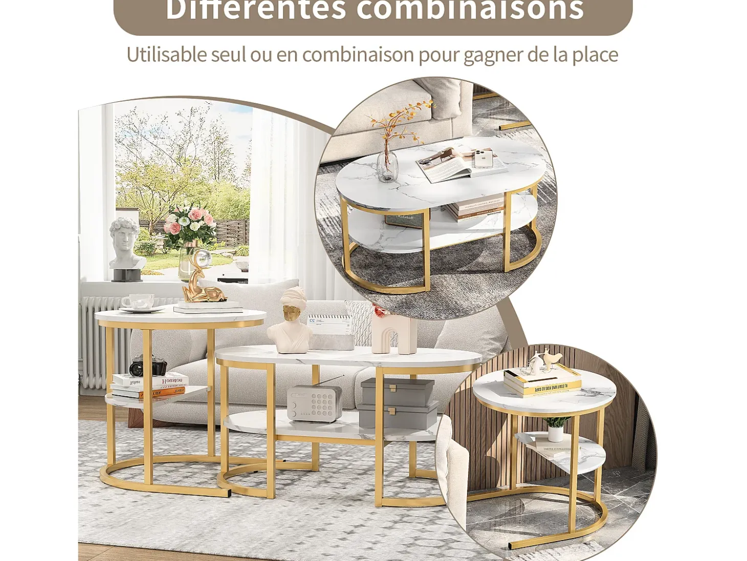 Juego de 2 mesas de centro - Mesas de centro nido - 80x46x41 cm - Estructura de metal dorado