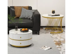 Juego de 2 mesas de centro nido redondas con 2 cajones - 60x60x46cm + 50x50x30,8cm - Motivo mármol - Madera MDF y metal - Blanco + dorado