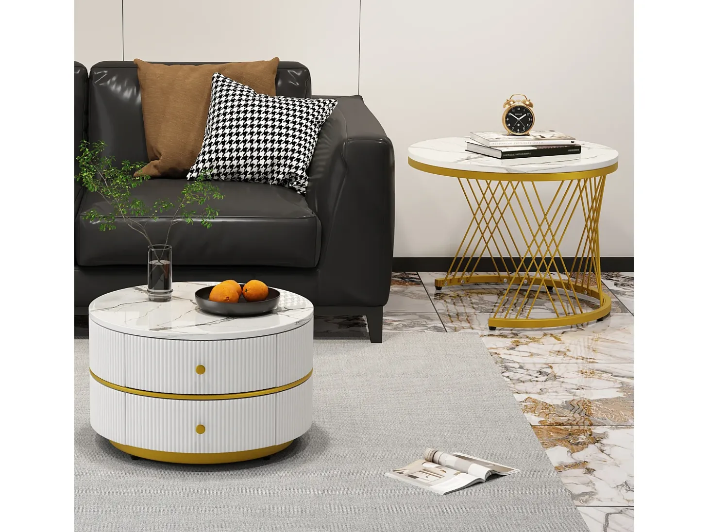 Juego de 2 mesas de centro nido redondas con 2 cajones - 60x60x46cm + 50x50x30,8cm - Motivo mármol - Madera MDF y metal - Blanco + dorado