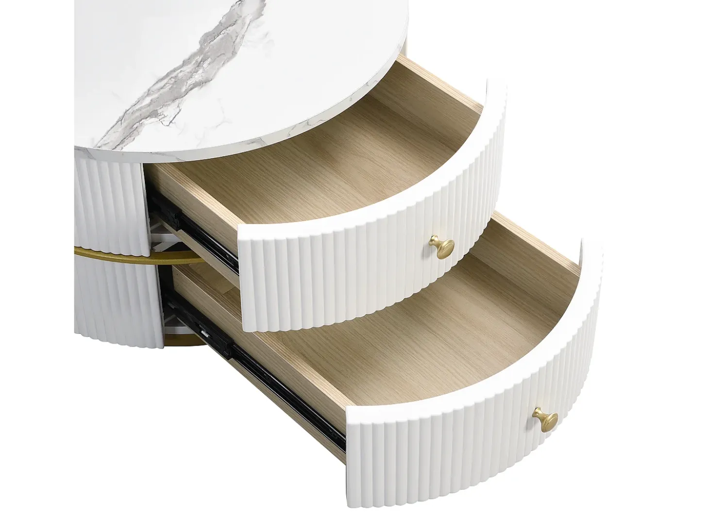 Juego de 2 mesas de centro nido redondas con 2 cajones - 60x60x46cm + 50x50x30,8cm - Motivo mármol - Madera MDF y metal - Blanco + dorado
