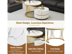 Juego de 2 mesas de centro nido redondas con 2 cajones - 60x60x46cm + 50x50x30,8cm - Motivo mármol - Madera MDF y metal - Blanco + dorado