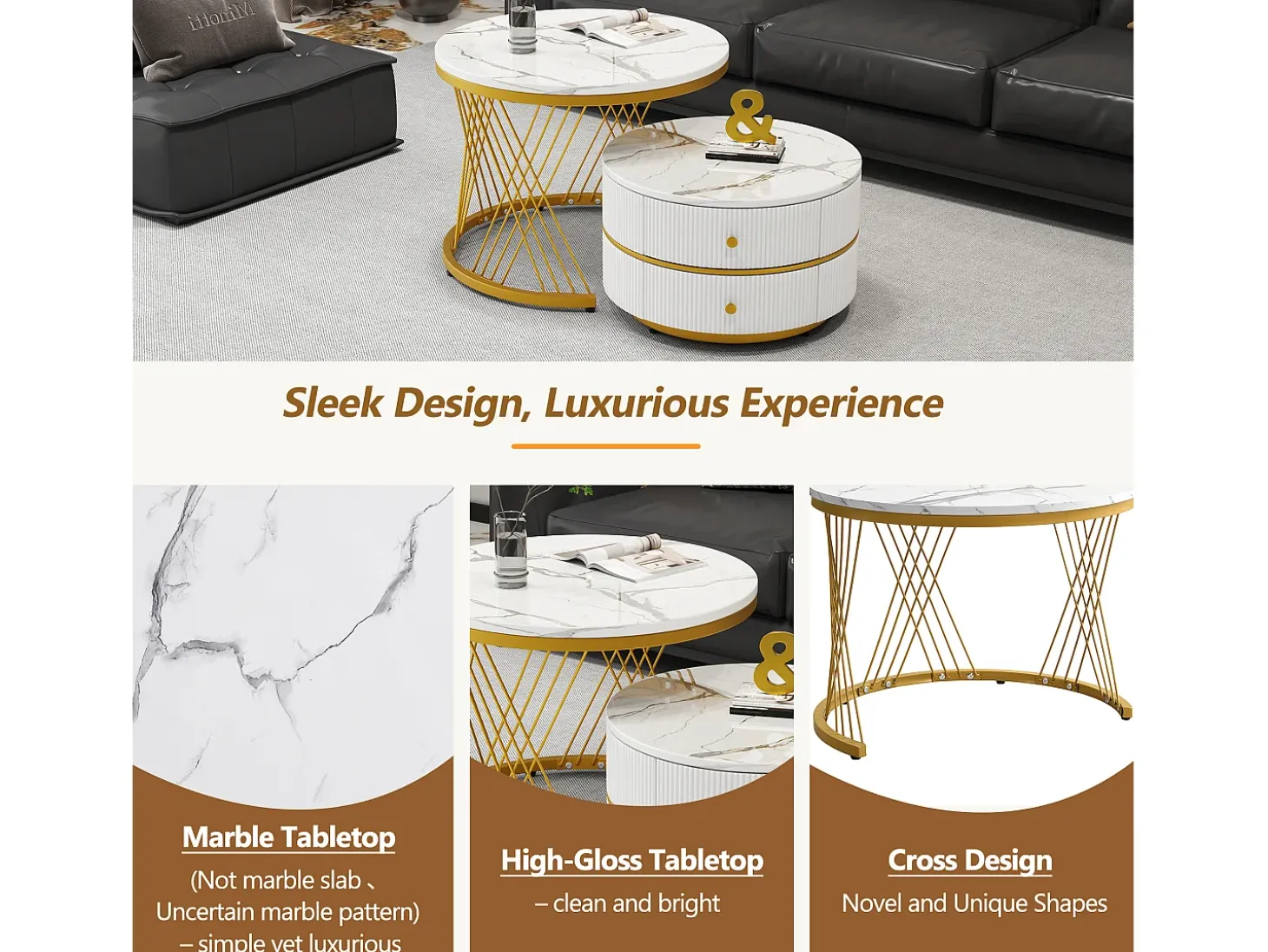 Juego de 2 mesas de centro nido redondas con 2 cajones - 60x60x46cm + 50x50x30,8cm - Motivo mármol - Madera MDF y metal - Blanco + dorado