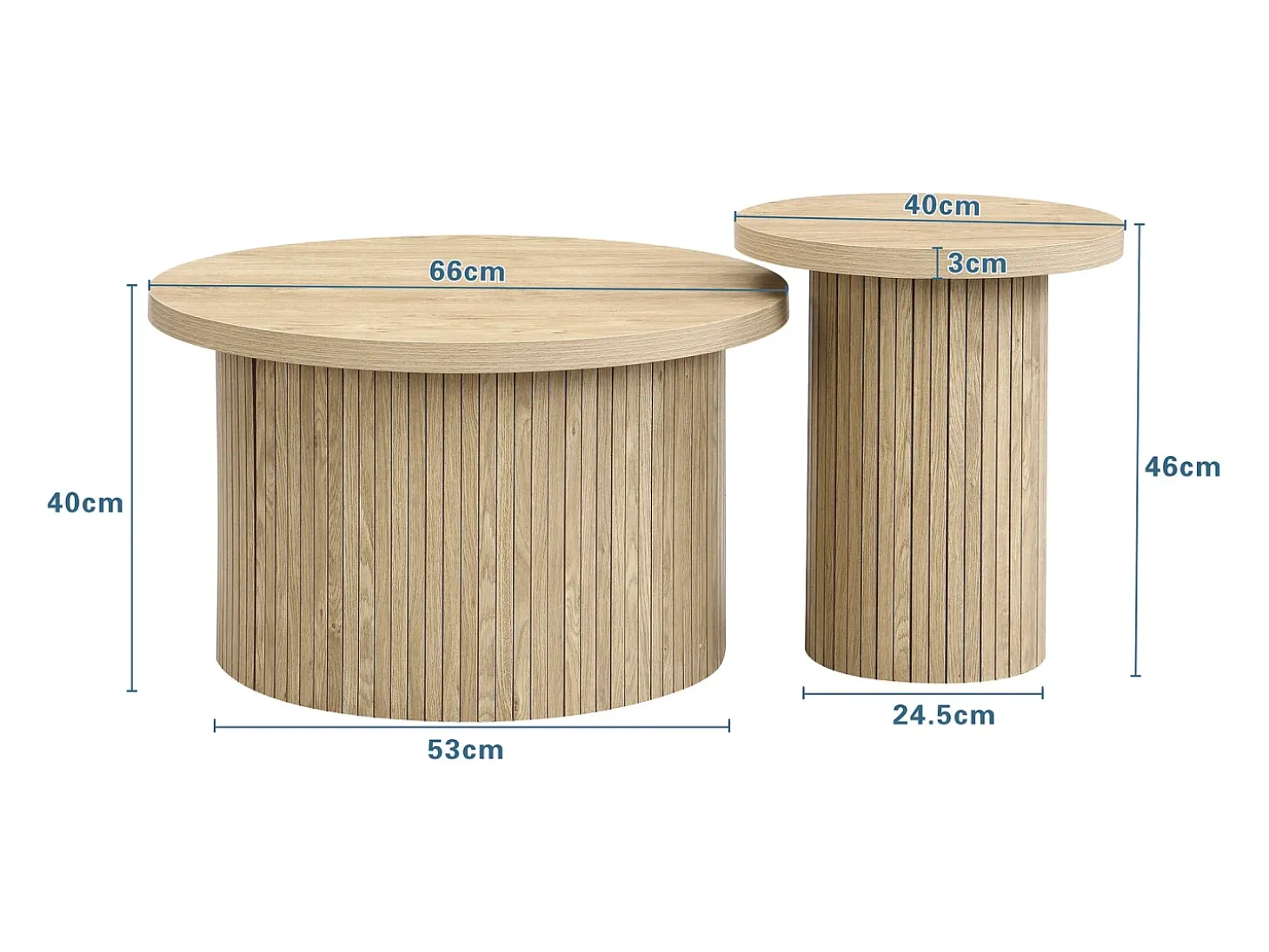 Juego de 2 mesas de centro nido, mesa auxiliar - P 66 x H 40 cm + P 40 x H 46 cm - MDF - Natural