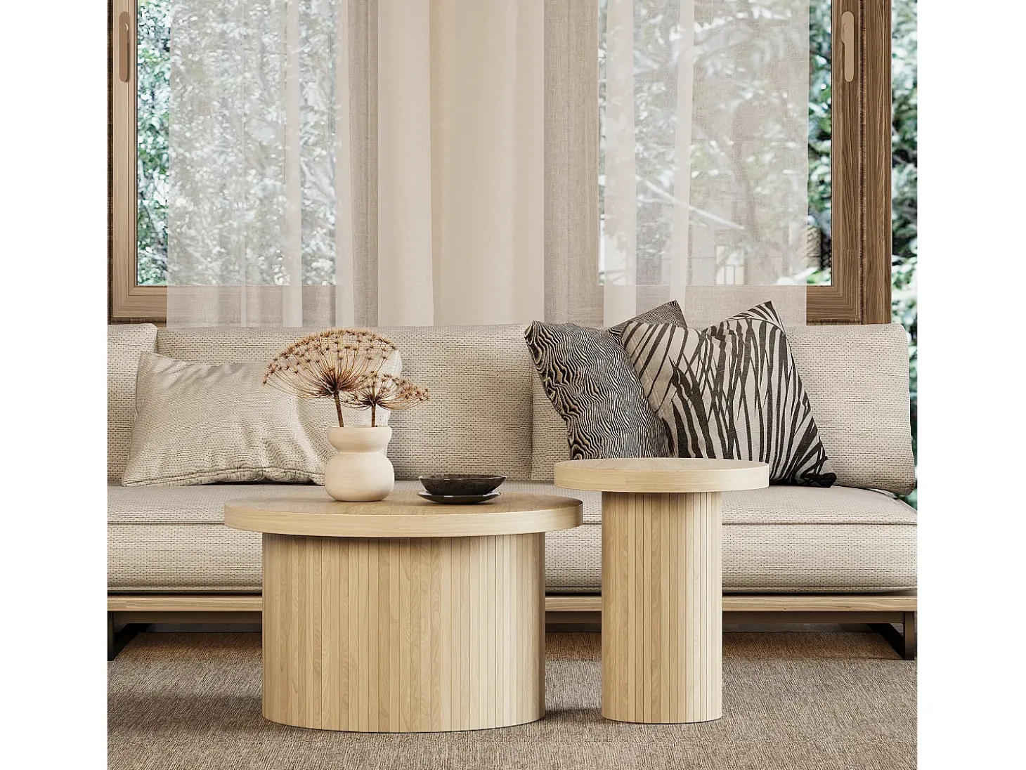 Juego de 2 mesas de centro nido, mesa auxiliar - P 66 x H 40 cm + P 40 x H 46 cm - MDF - Natural