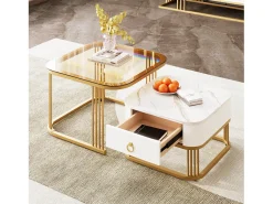 Juego de 2 mesas de centro nido con 1 cajón, mesa de centro cuadrada - tapa de cristal y aspecto de mármol - madera y metal dorado - blanco brillante