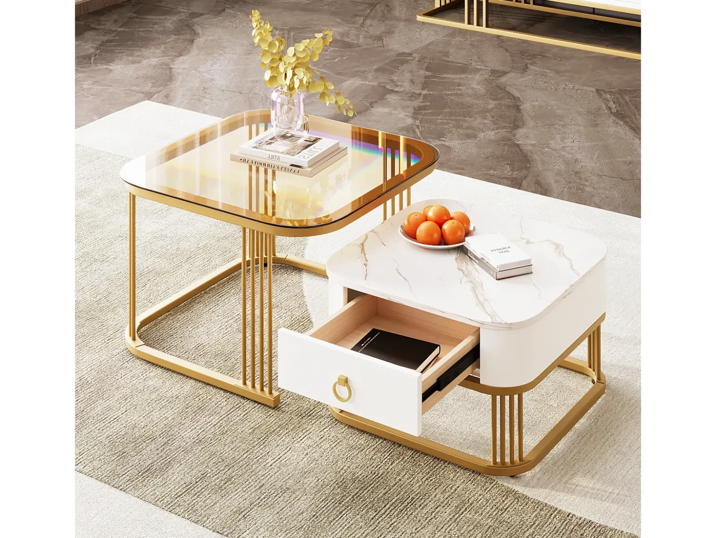 Juego de 2 mesas de centro nido con 1 cajón, mesa de centro cuadrada - tapa de cristal y aspecto de mármol - madera y metal dorado - blanco brillante