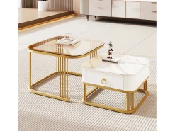 Juego de 2 mesas de centro nido con 1 cajón, mesa de centro cuadrada - tapa de cristal y aspecto de mármol - madera y metal dorado - blanco brillante