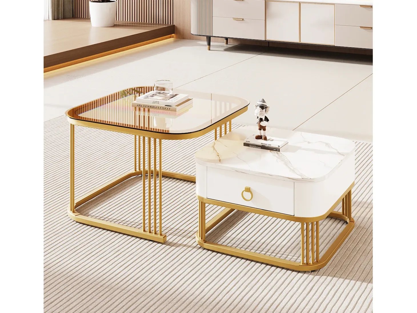 Juego de 2 mesas de centro nido con 1 cajón, mesa de centro cuadrada - tapa de cristal y aspecto de mármol - madera y metal dorado - blanco brillante