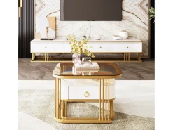 Juego de 2 mesas de centro nido con 1 cajón, mesa de centro cuadrada - tapa de cristal y aspecto de mármol - madera y metal dorado - blanco brillante