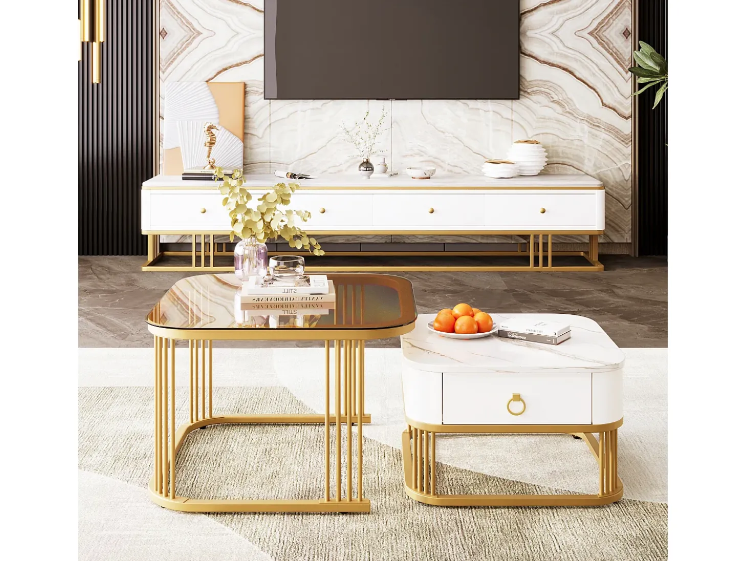 Juego de 2 mesas de centro nido con 1 cajón, mesa de centro cuadrada - tapa de cristal y aspecto de mármol - madera y metal dorado - blanco brillante