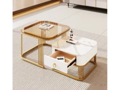 Juego de 2 mesas de centro nido con 1 cajón, mesa de centro cuadrada - tapa de cristal y aspecto de mármol - madera y metal dorado - blanco brillante