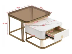 Juego de 2 mesas de centro nido con 1 cajón, mesa de centro cuadrada - tapa de cristal y aspecto de mármol - madera y metal dorado - blanco brillante