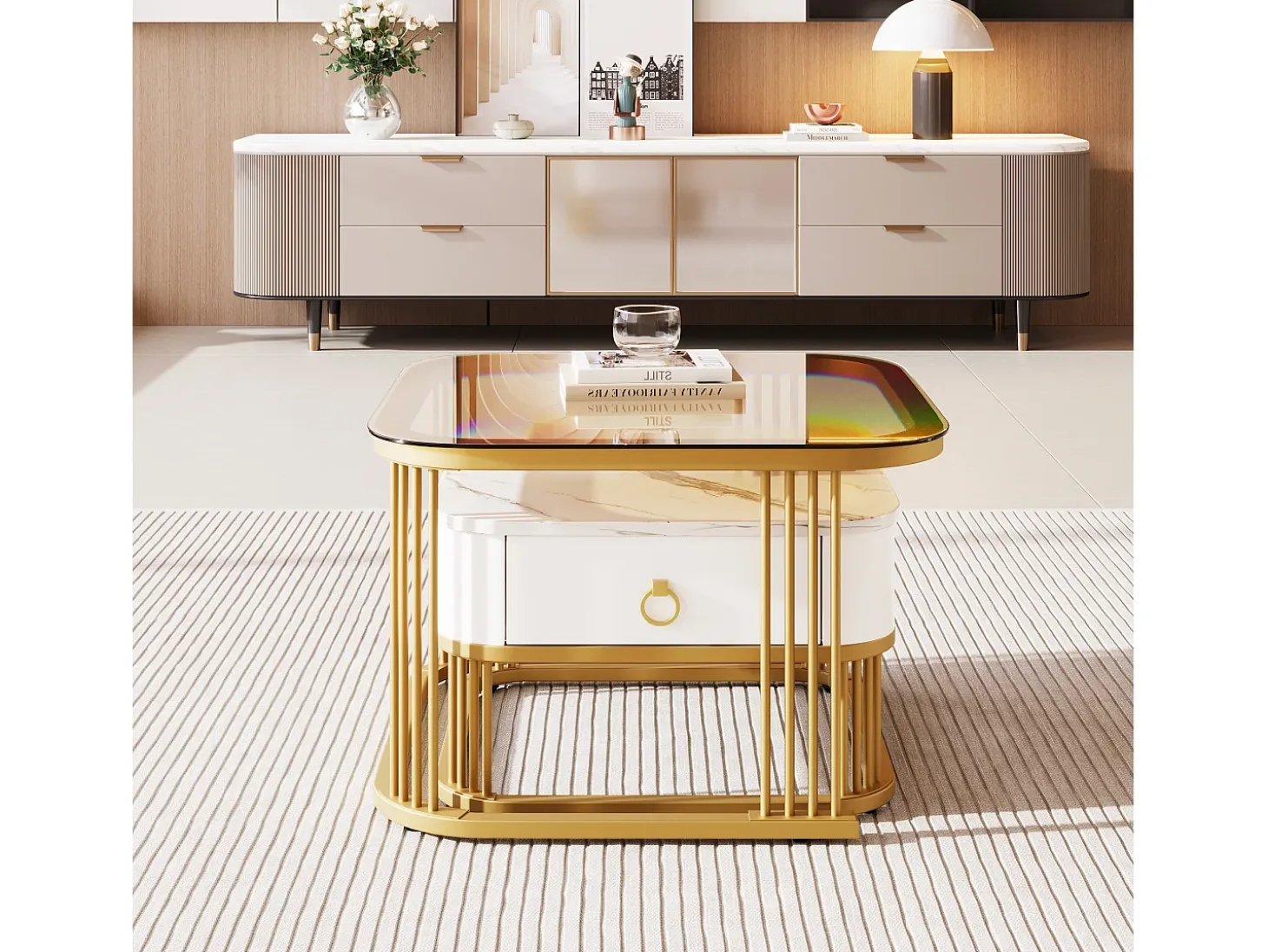 Juego de 2 mesas de centro nido con 1 cajón, mesa de centro cuadrada - tapa de cristal y aspecto de mármol - madera y metal dorado - blanco brillante