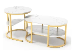 Juego de 2 mesas de centro nido escandinavas - Mesa auxiliar ovalada con estampado de mármol y estantes de almacenamiento - Estructura de metal - Dorado