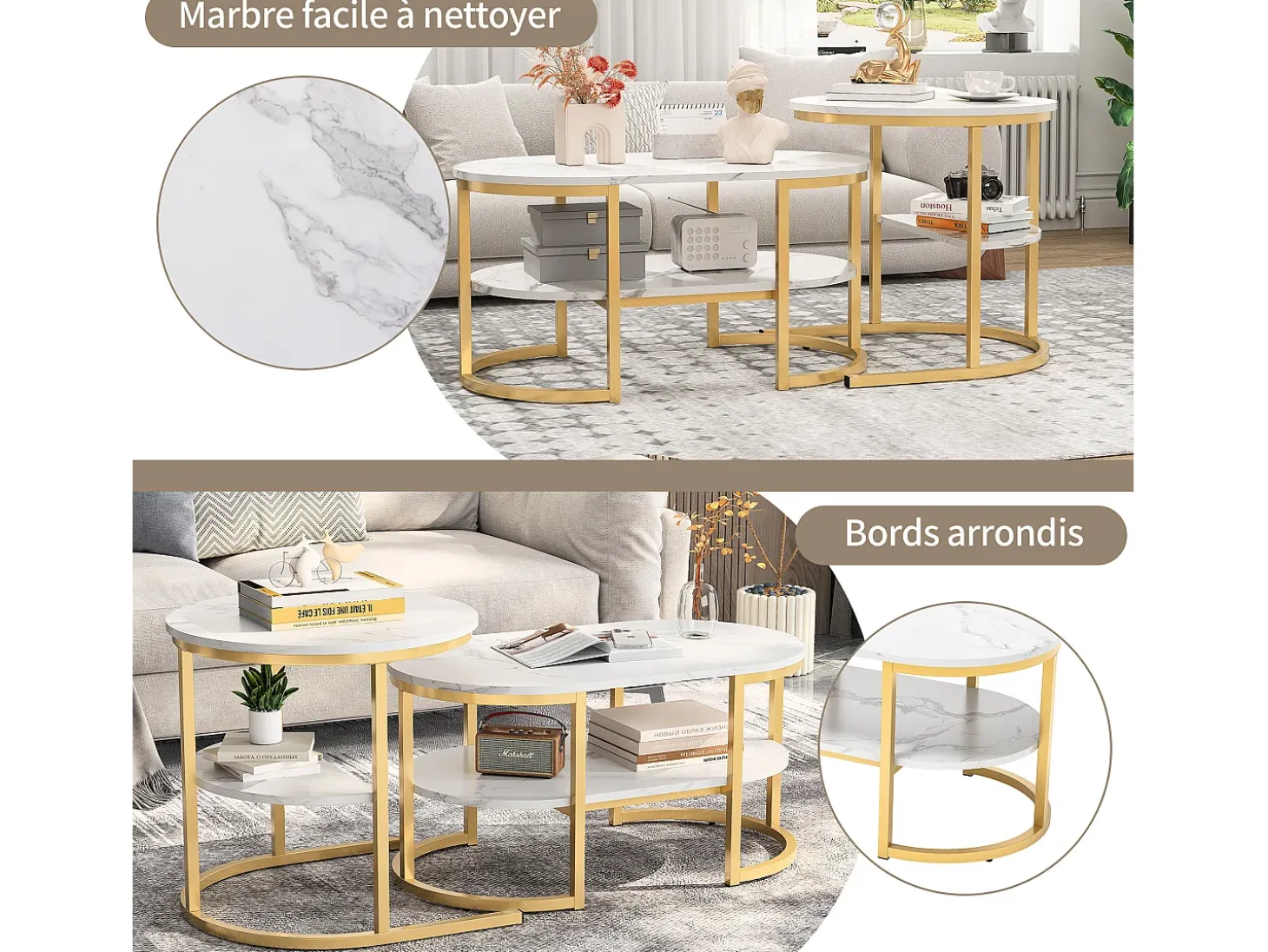 Juego de 2 mesas de centro nido escandinavas - Mesa auxiliar ovalada con estampado de mármol y estantes de almacenamiento - Estructura de metal - Dorado
