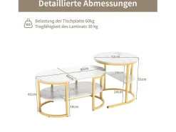 Juego de 2 mesas de centro nido escandinavas - Mesa auxiliar ovalada con estampado de mármol y estantes de almacenamiento - Estructura de metal - Dorado