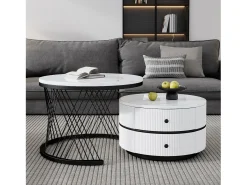 Juego de 2 mesas de centro nido redondas con 2 cajones - 60x60x46cm + 50x50x30,8cm - Motivo mármol - Madera MDF y metal - Blanco + negro