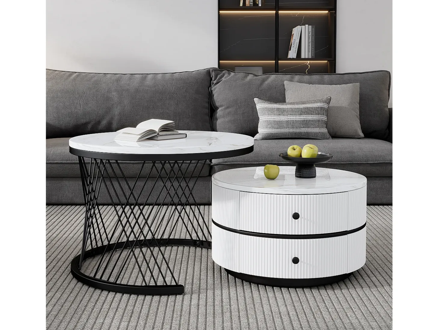 Juego de 2 mesas de centro nido redondas con 2 cajones - 60x60x46cm + 50x50x30,8cm - Motivo mármol - Madera MDF y metal - Blanco + negro
