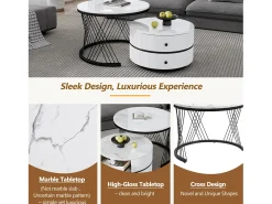 Juego de 2 mesas de centro nido redondas con 2 cajones - 60x60x46cm + 50x50x30,8cm - Motivo mármol - Madera MDF y metal - Blanco + negro