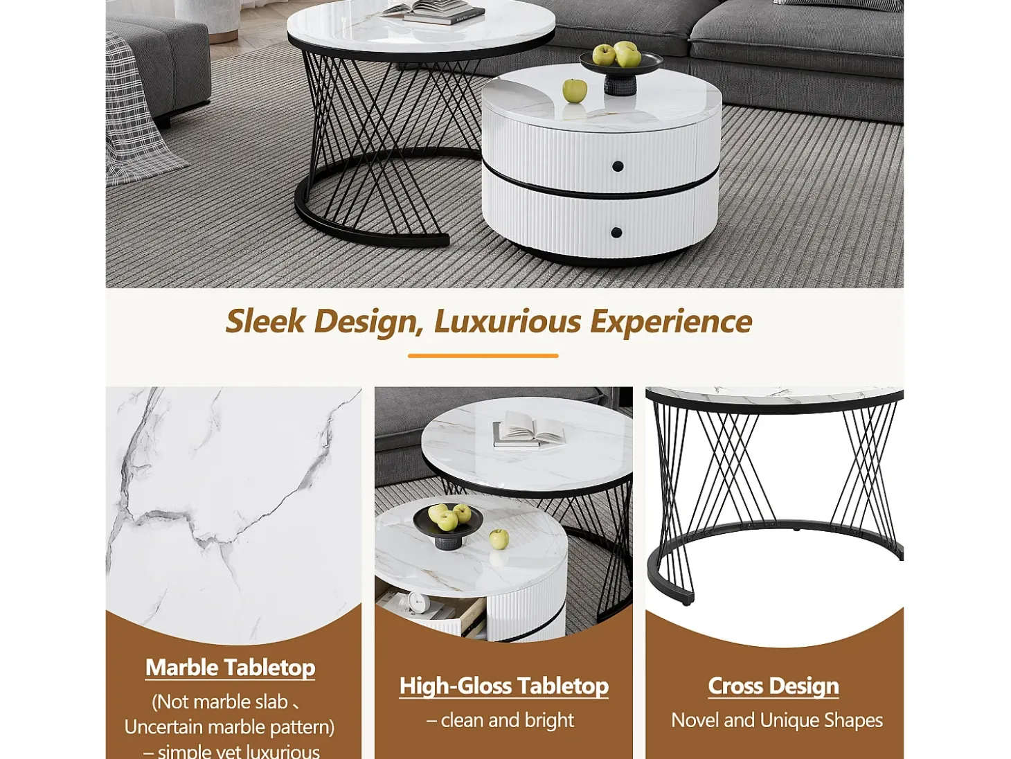 Juego de 2 mesas de centro nido redondas con 2 cajones - 60x60x46cm + 50x50x30,8cm - Motivo mármol - Madera MDF y metal - Blanco + negro