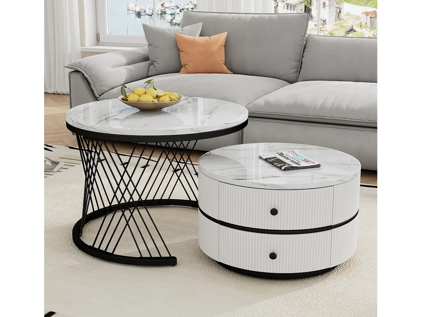Juego de 2 mesas de centro nido redondas con 2 cajones - 60x60x46cm + 50x50x30,8cm - Motivo mármol - Madera MDF y metal - Blanco + negro