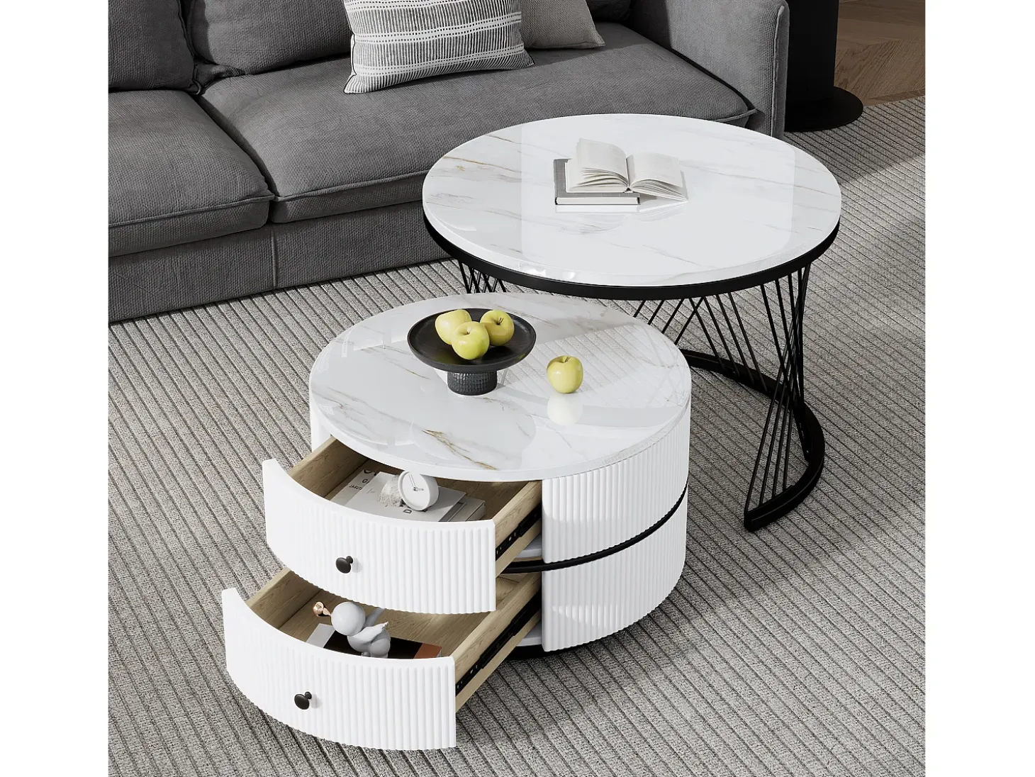 Juego de 2 mesas de centro nido redondas con 2 cajones - 60x60x46cm + 50x50x30,8cm - Motivo mármol - Madera MDF y metal - Blanco + negro